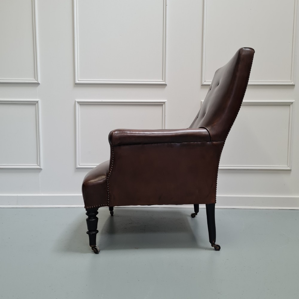 Antique Leather Library Chair and Stool C1900 View III