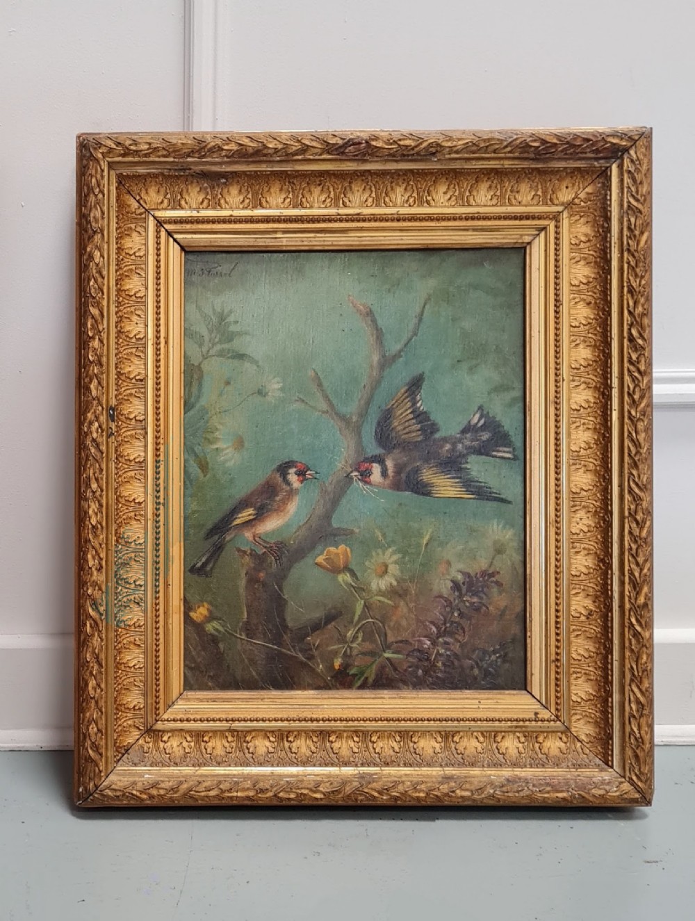 Beautiful Antique Oil Painting of Goldfinch Birds