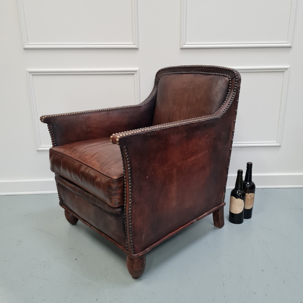 Antique 1920s French Leather Armchair View II