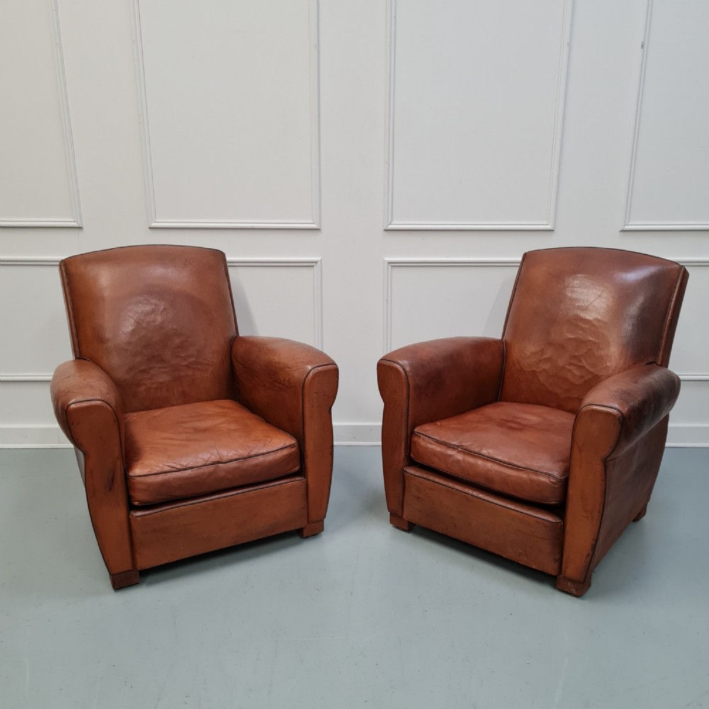 1930s French Leather Club Chairs