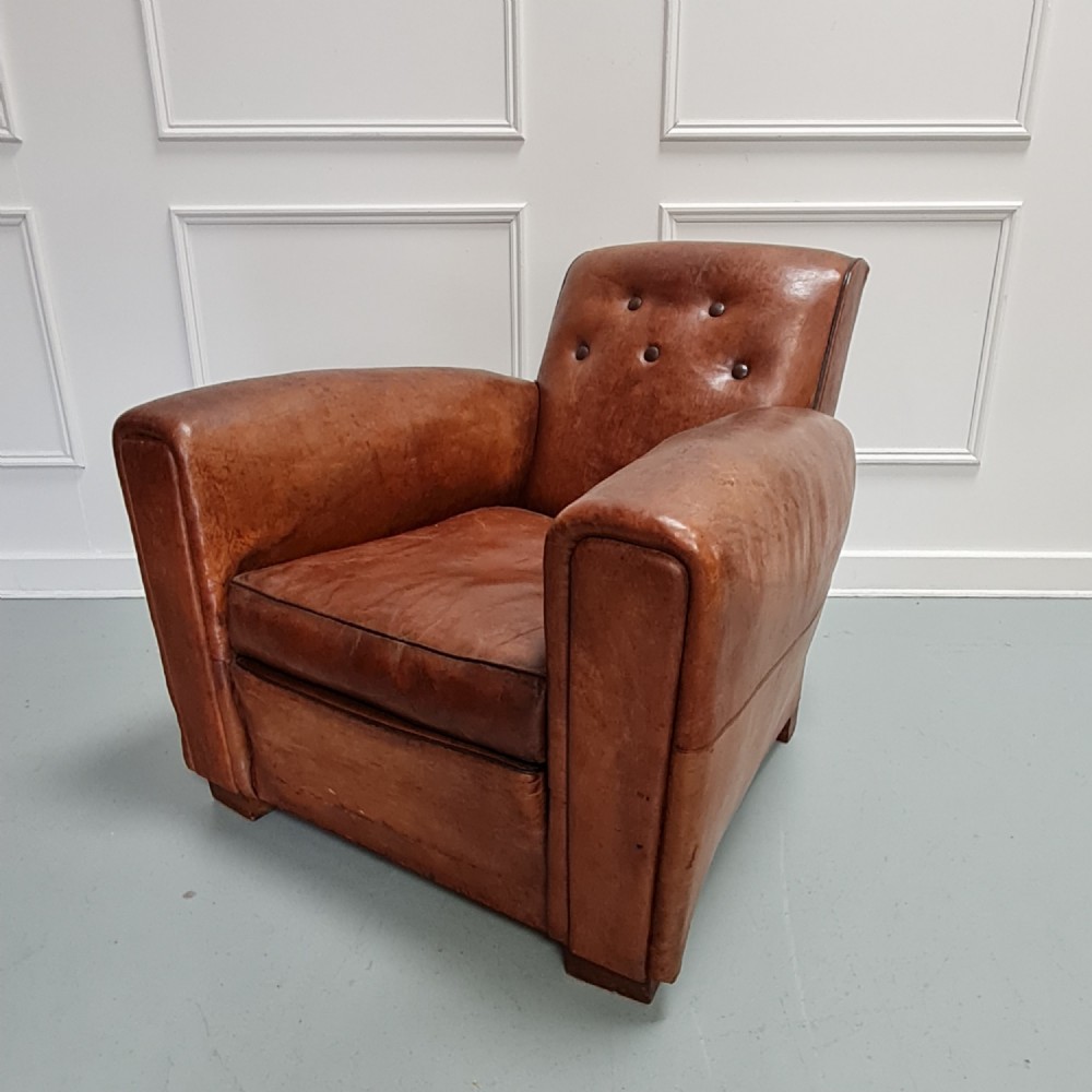 Antique French Leather Button Back Club Chair C1930