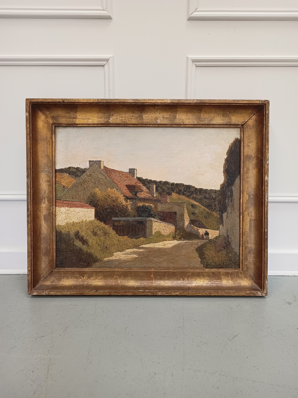 Large Antique Oil Painting of French Rural Scene 1934