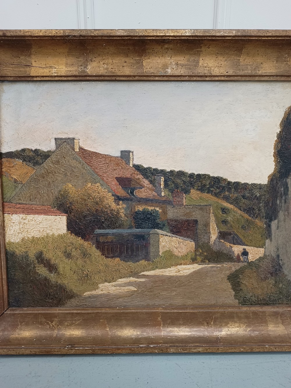 Large Antique Oil Painting of French Rural Scene 1934 View II