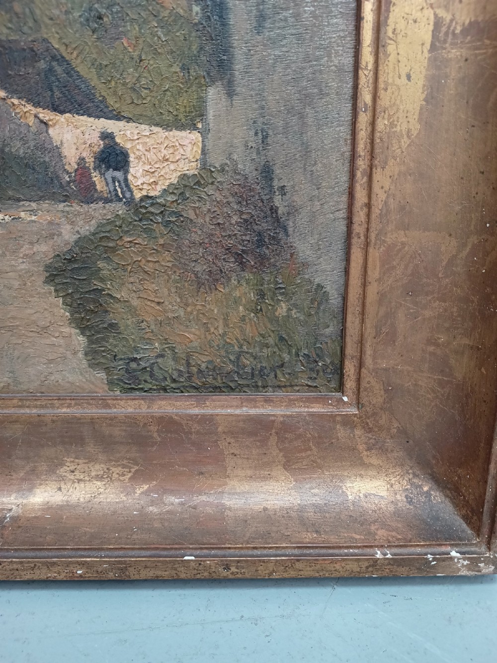 Large Antique Oil Painting of French Rural Scene 1934 View III