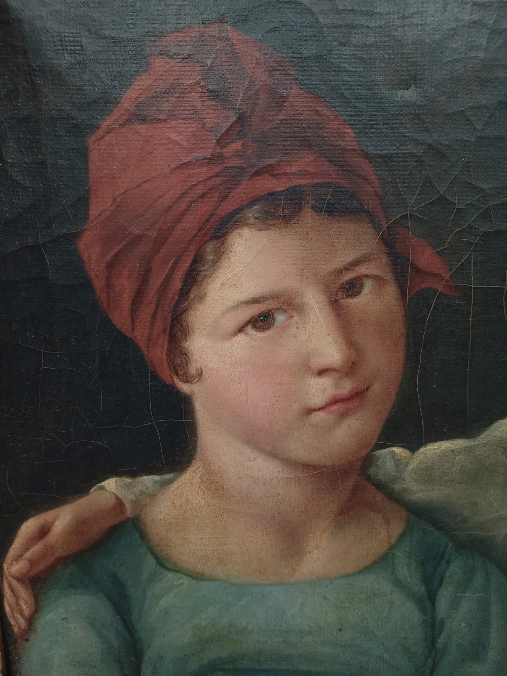 A Georgian era oil painting depicting two siblings in period attire within a moulded gold gilt frame. View II