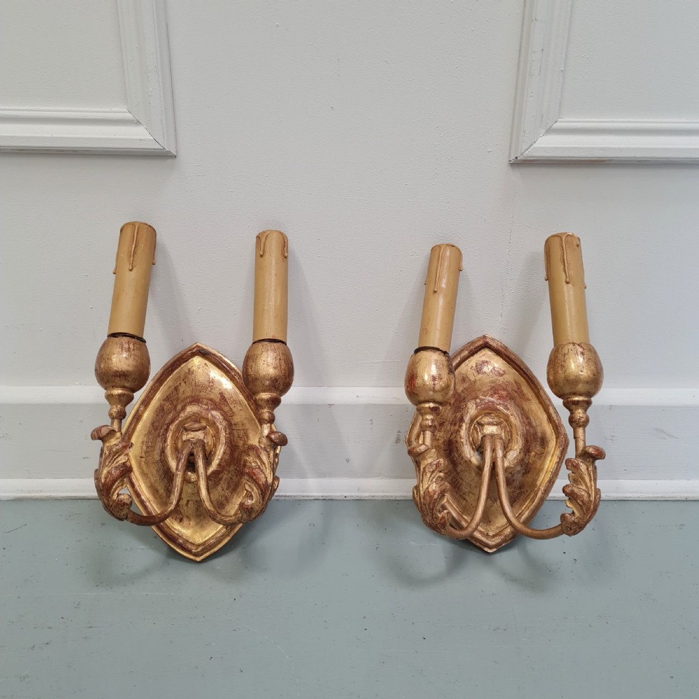 French Gilded Wood Wall Lights c1920