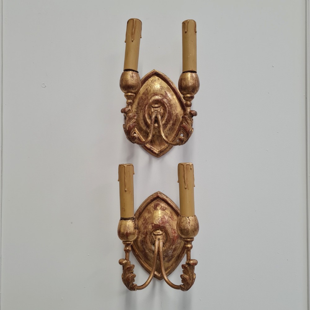 French Gilded Wood Wall Lights c1920 View II