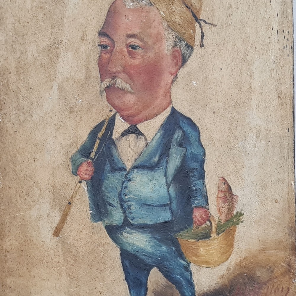 An antique oil painting on a rectangular wood panel depicting a caricatured fisherman with a moustache in a blue suit, holding a fishing rod and a basket containing fish. View II