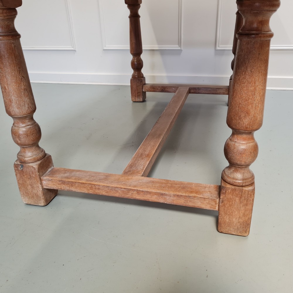 A late 19th-century oak refectory dining table featuring turned legs and a low rectangular stretcher base. View III