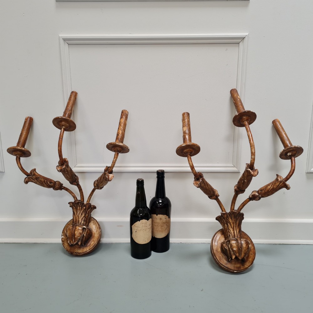 A pair of late 18th-century carved giltwood three-arm wall lights with foliate bases and slender curved arms. View II