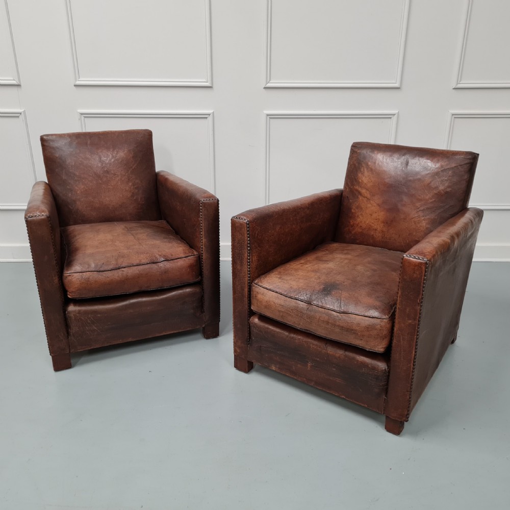 Pair of French Leather Club Chairs c1920s