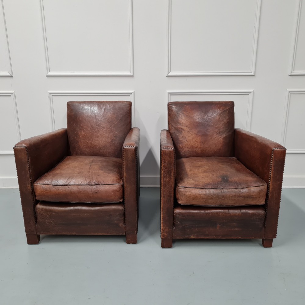 Pair of French Leather Club Chairs c1920s View II