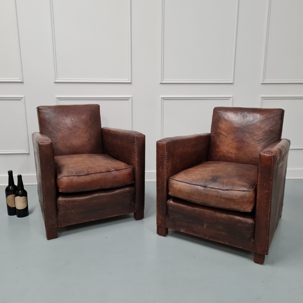 Pair of French Leather Club Chairs c1920s View IV