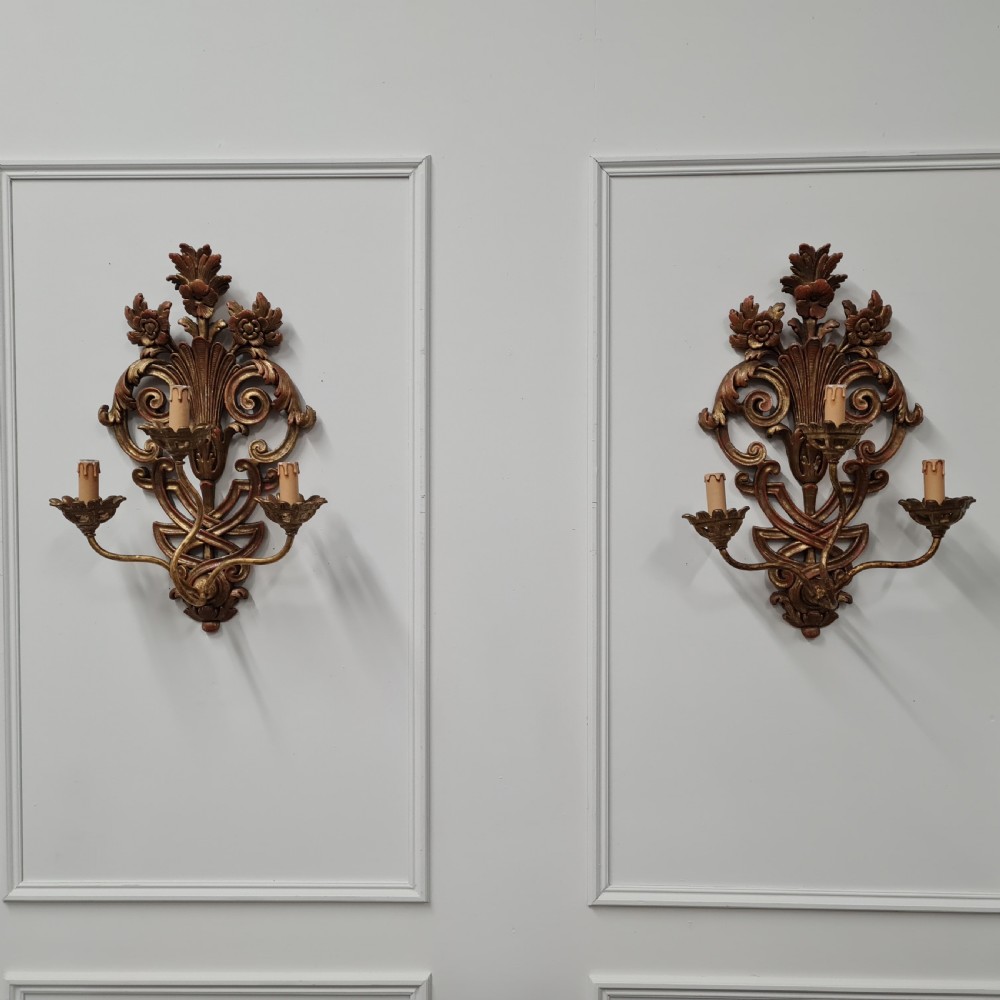 Very Large Carved Gilded Italian Wall Lights c1930