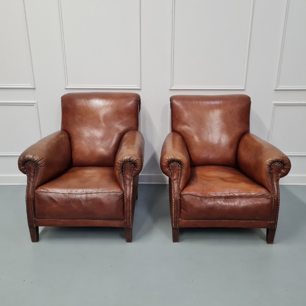 Pair of Large French leather Club Armchairs c1930
