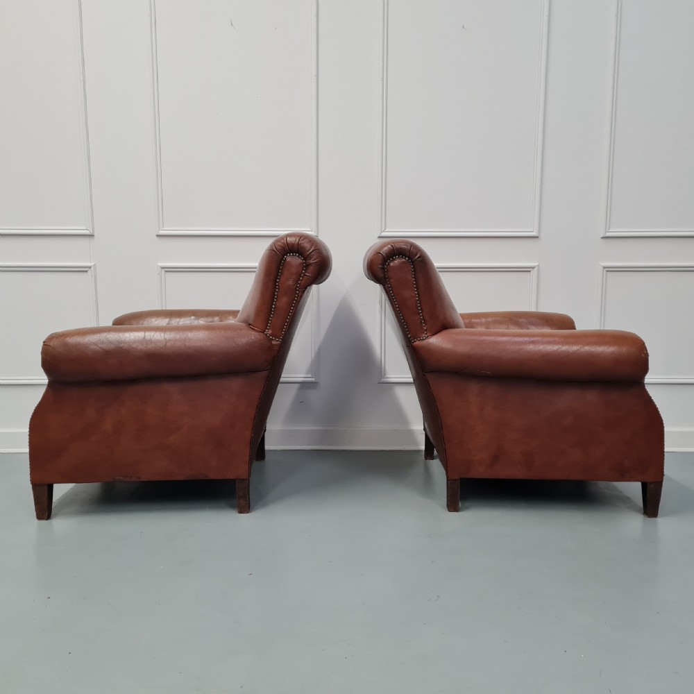 Pair of Large French leather Club Armchairs c1930 View II