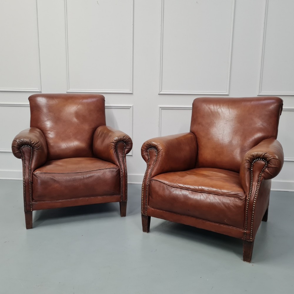 Pair of Large French leather Club Armchairs c1930 View III