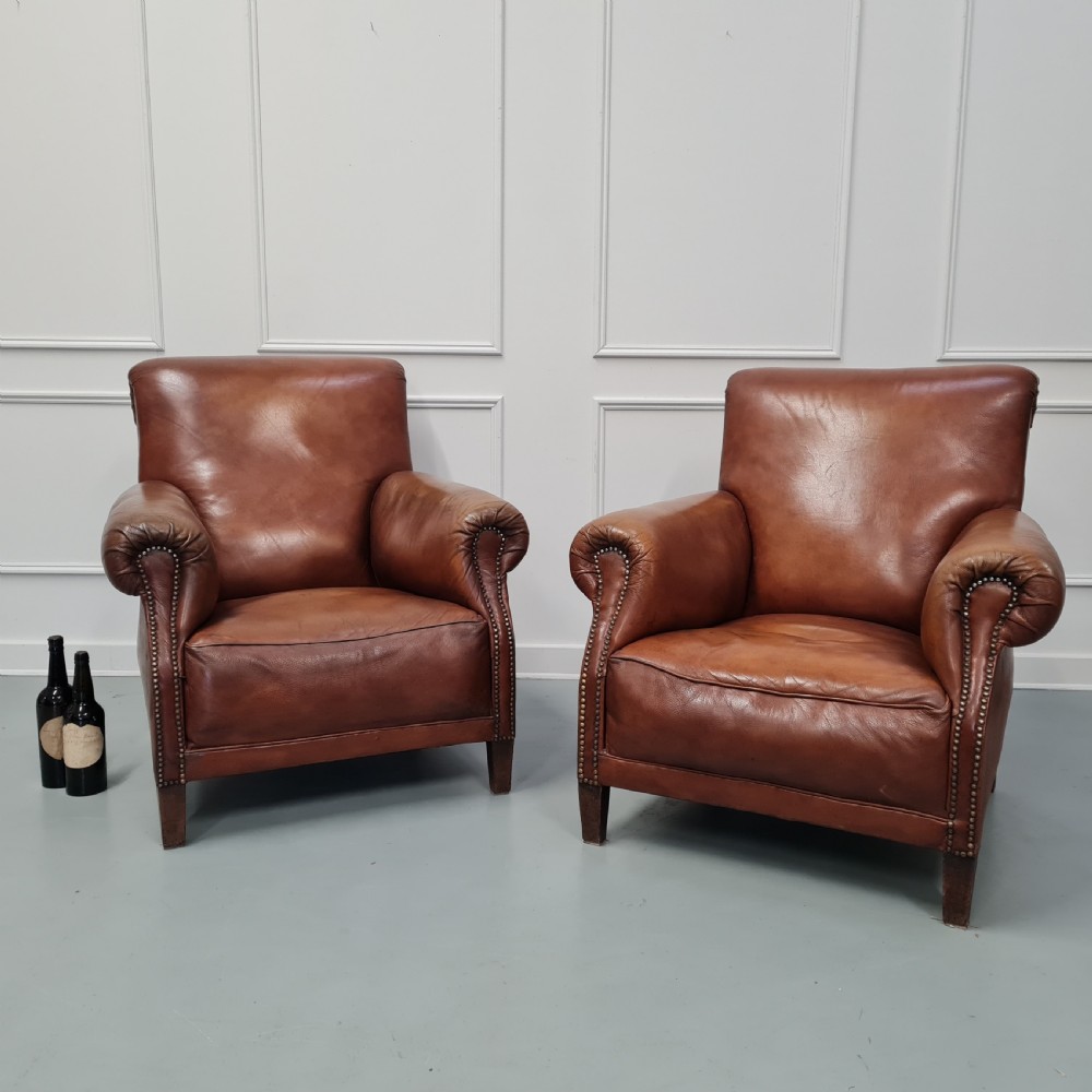 Pair of Large French leather Club Armchairs c1930 View IV