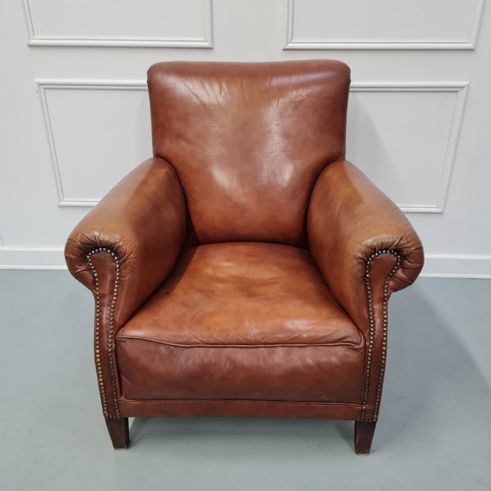 Pair of Large French leather Club Armchairs c1930 View V
