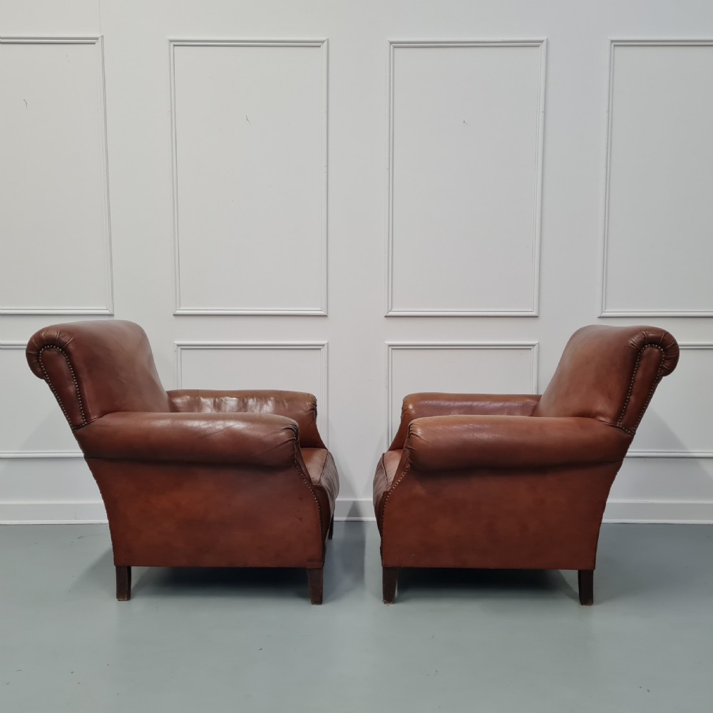 Pair of Large French leather Club Armchairs c1930 View VI