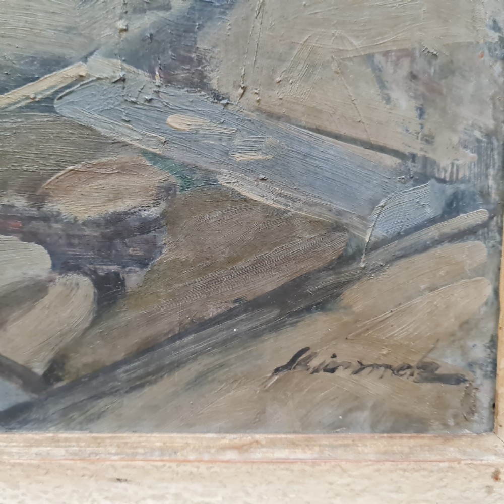 A pair of framed 1930s oil paintings depicting floral arrangements and fruit still life compositions in cream painted wooden frames. View V