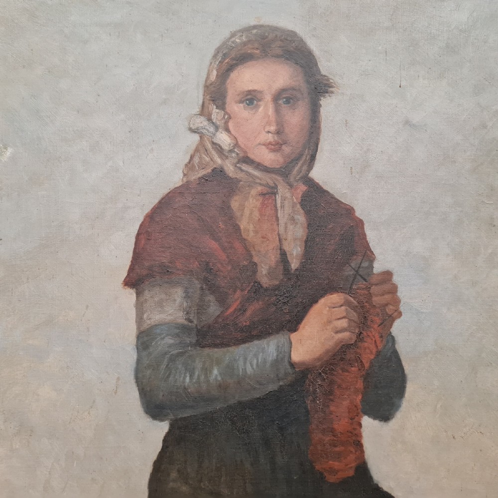A full-length antique French oil portrait depicting a barefoot woman in traditional headscarf and apron standing in a landscape, presented in a moulded timber frame. View II