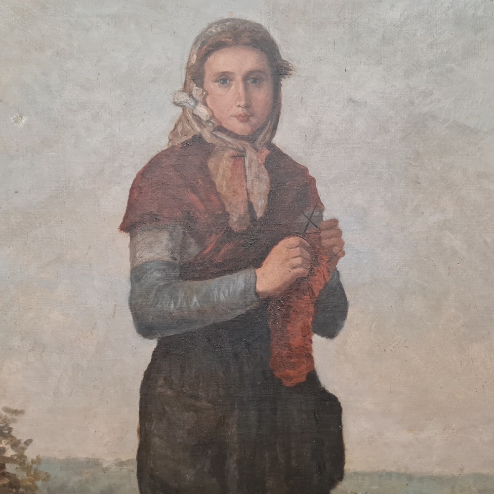 A full-length antique French oil portrait depicting a barefoot woman in traditional headscarf and apron standing in a landscape, presented in a moulded timber frame. View III
