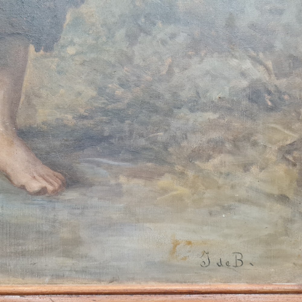 A full-length antique French oil portrait depicting a barefoot woman in traditional headscarf and apron standing in a landscape, presented in a moulded timber frame. View IV