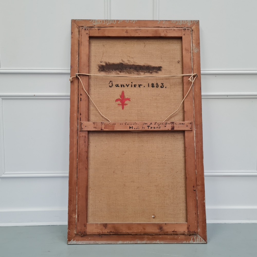 A full-length antique French oil portrait depicting a barefoot woman in traditional headscarf and apron standing in a landscape, presented in a moulded timber frame. View VI