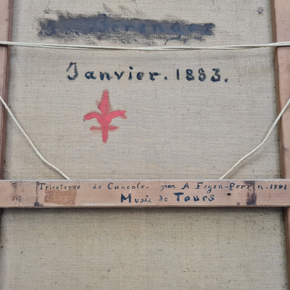 A full-length antique French oil portrait depicting a barefoot woman in traditional headscarf and apron standing in a landscape, presented in a moulded timber frame. View VII