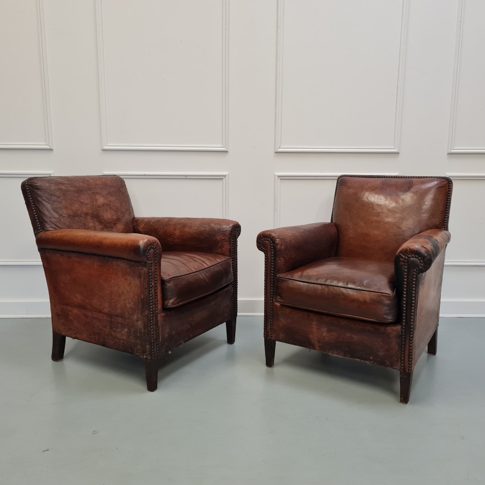 Pair of French Leather Club Chairs c1920