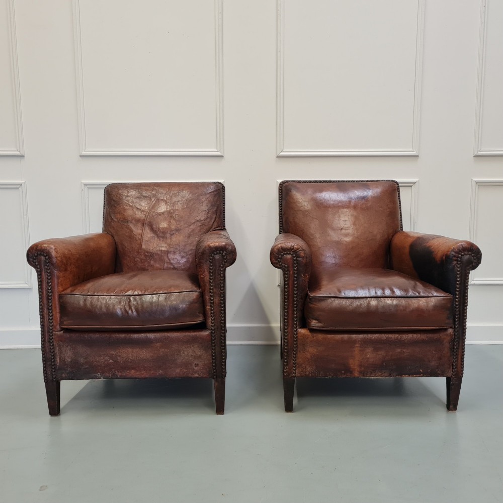 Pair of French Leather Club Chairs c1920 View II