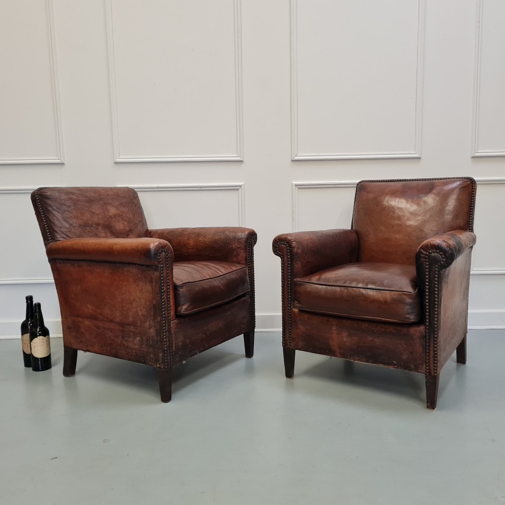 Pair of French Leather Club Chairs c1920 View VII