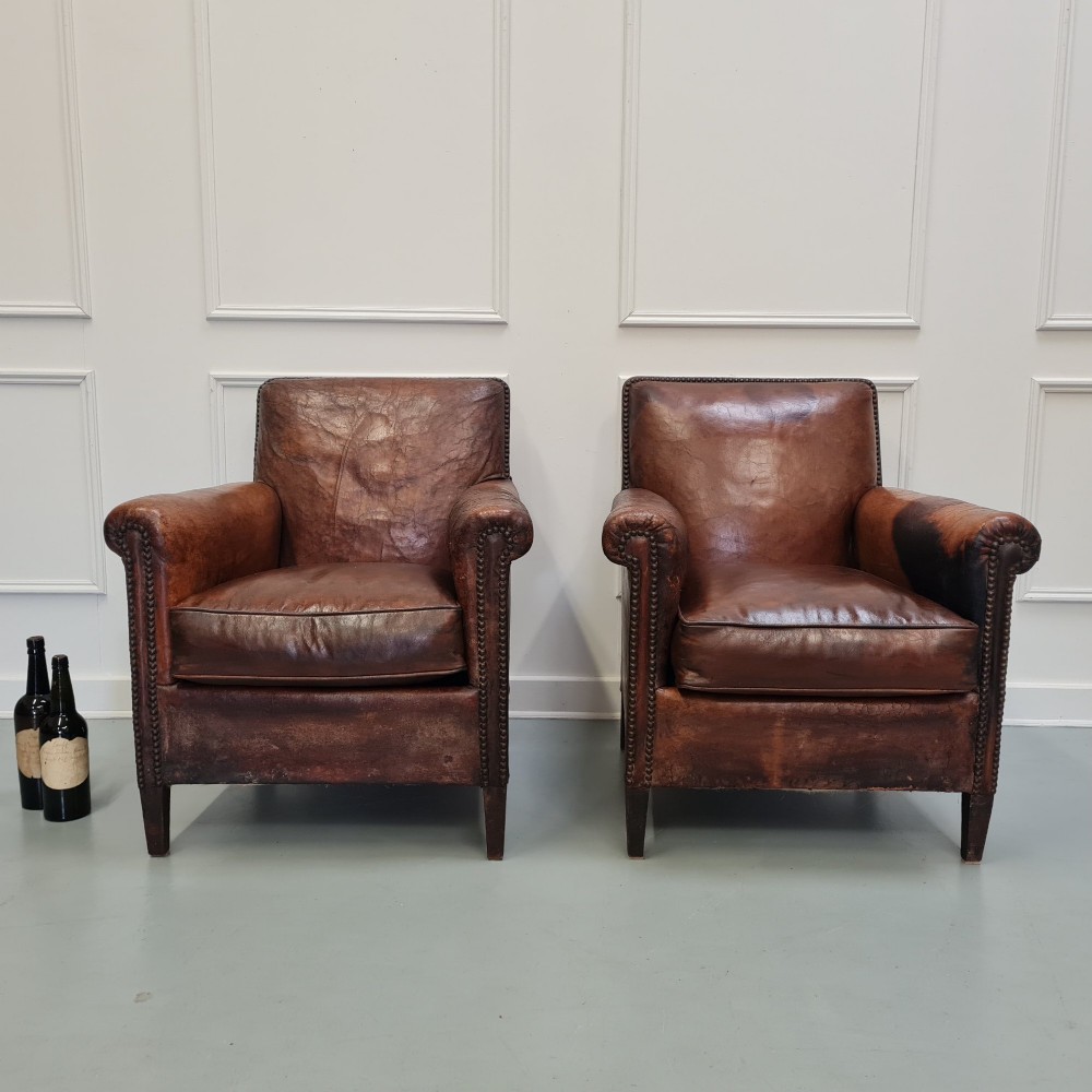 Pair of French Leather Club Chairs c1920 View VIII
