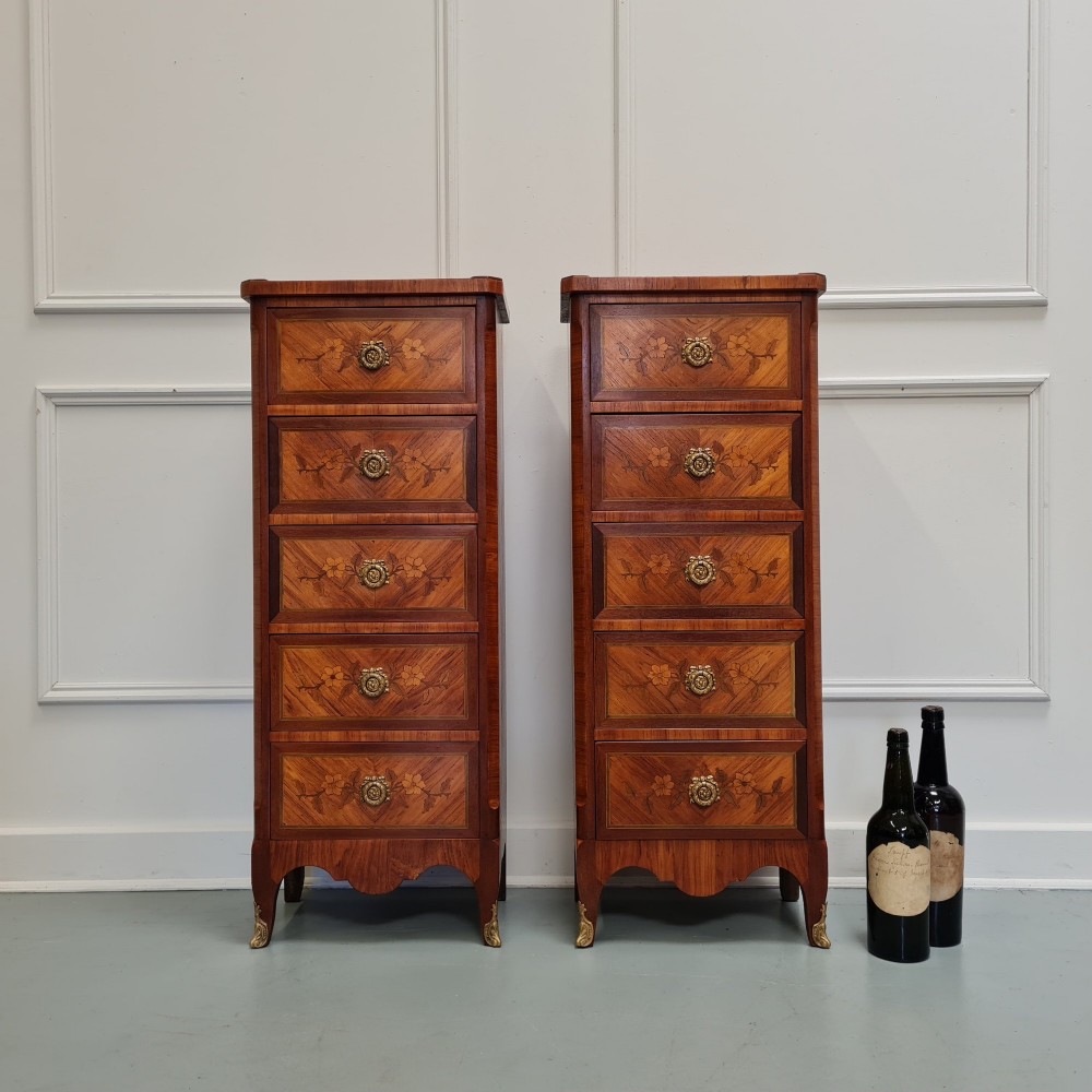 A pair of tall French-style wooden bedside cabinets with floral marquetry inlay, five drawers each, brass rosette handles, and curved cabriole legs with brass feet. View III