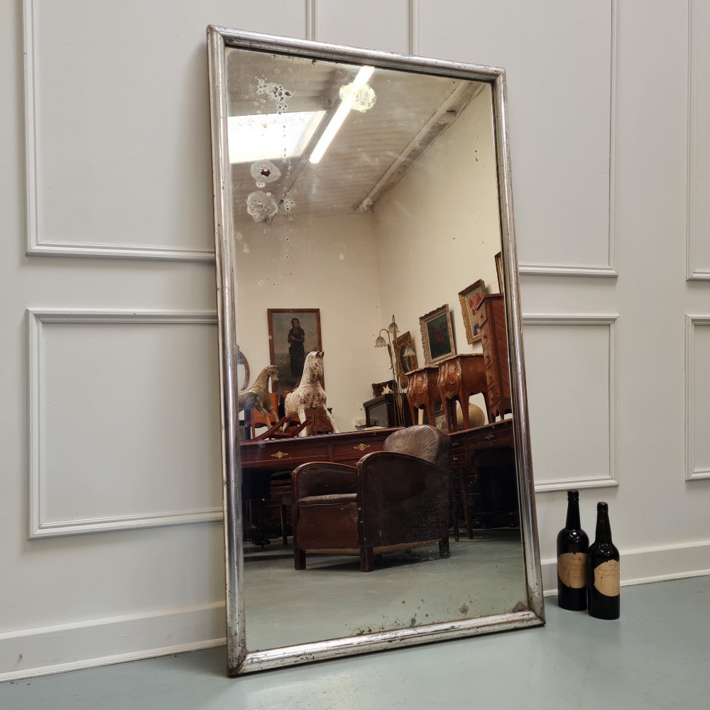 A large horizontal rectangular mirror featuring a simple moulded frame with a silver gilt finish and a reflective glass plate. View IV
