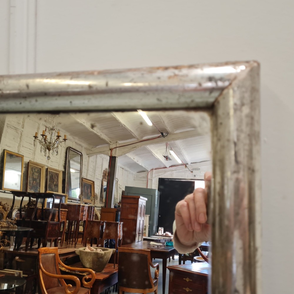 A large horizontal rectangular mirror featuring a simple moulded frame with a silver gilt finish and a reflective glass plate. View VIII