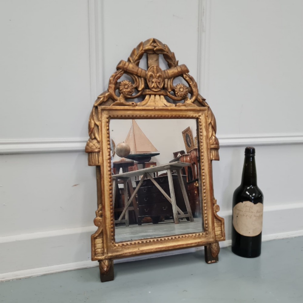 A small 18th-century style French giltwood mirror featuring carved cresting with floral rosettes and a fleur-de-lis motif. View II