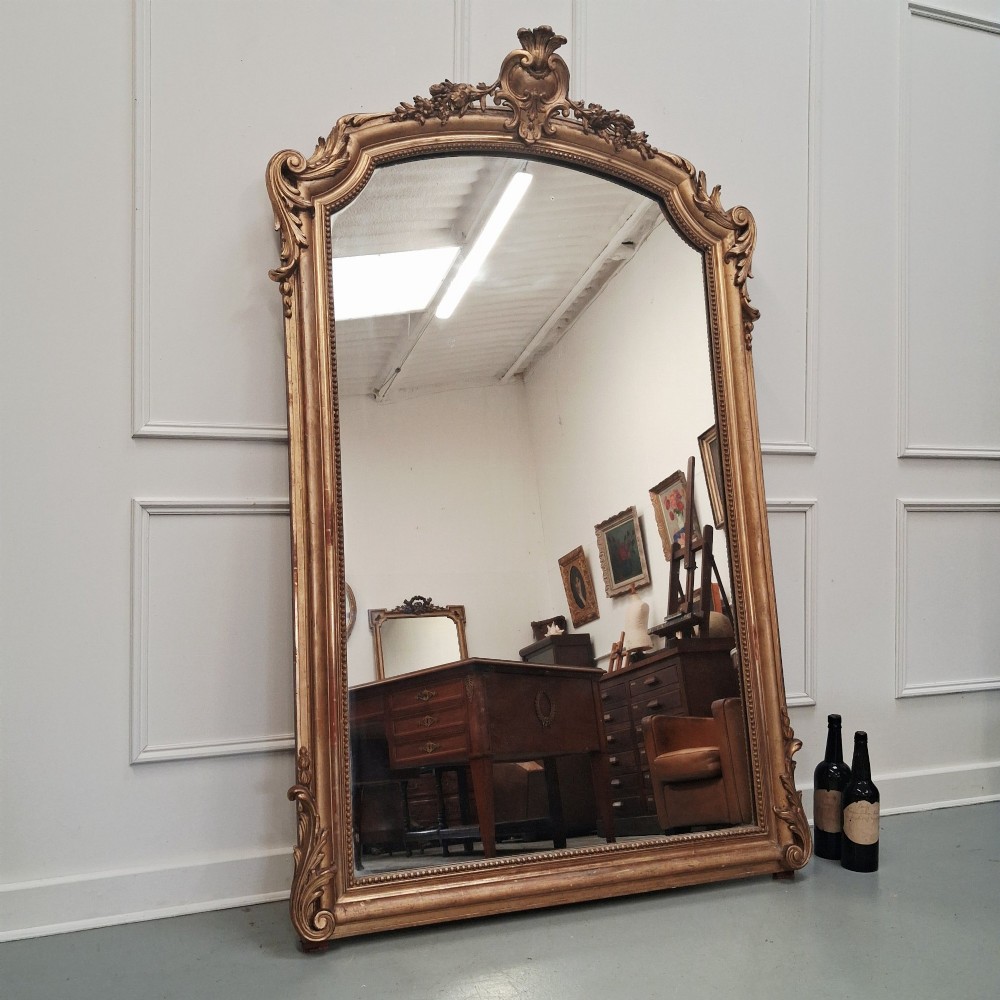 A large nineteenth-century French arched mirror with a gold giltwood frame and ornate carved floral cresting. View V