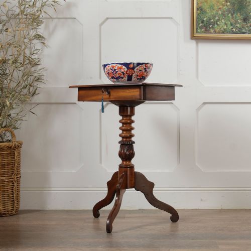 VICTORIAN BOBBIN TURNED PEDESTAL TABLE WITH DRAWER SEWING TABLE