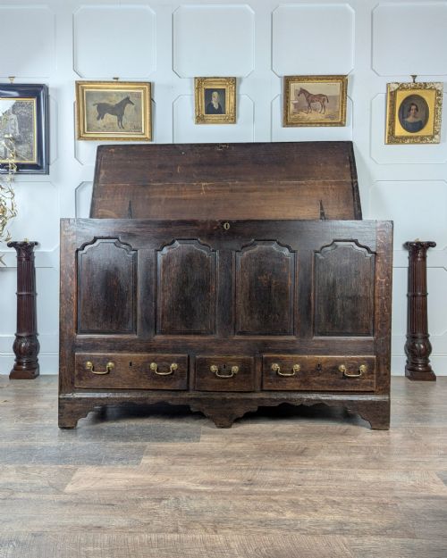fig 1. An 18th-century dark oak mule chest featuring four fielded front panels above three small drawers with brass handles.