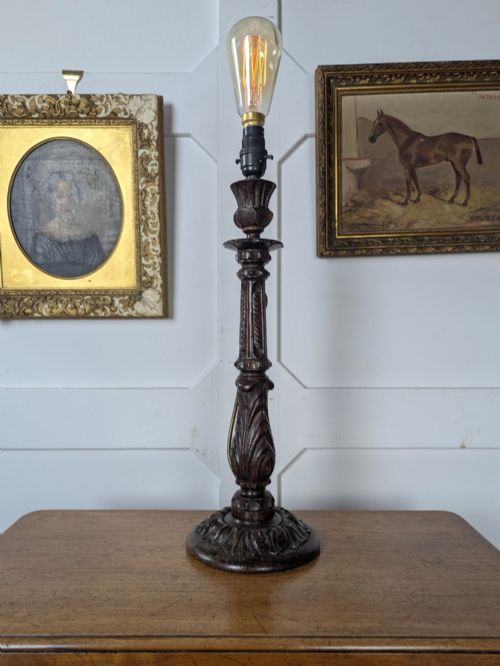 Late Victorian/early 20th Century Carved Oak Candlestick Lamp