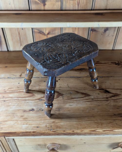 Carved 19th Century Stool on Turned Legs