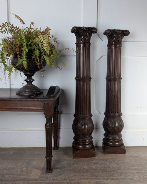 Pair of Carved Mahogany Reeded Corinthian Half Columns