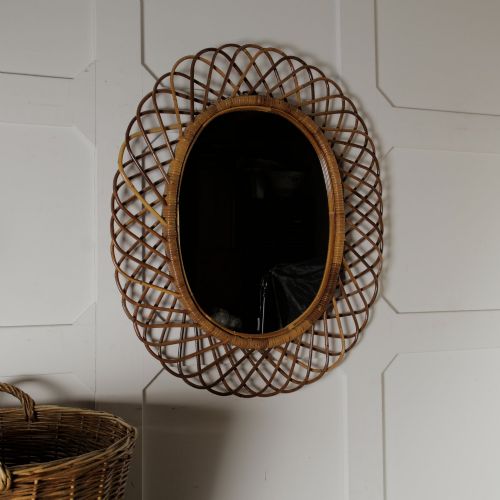 Mid-century Italian Rattan / Bamboo Oval Mirror in the Style of Franco Albini