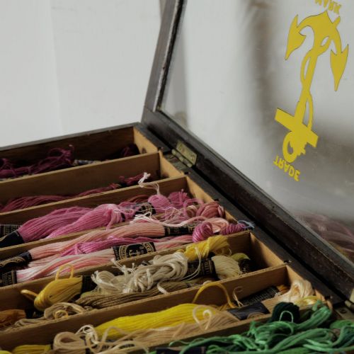 fig 2. A dark wooden multi-tiered cantilever haberdashery display box with a glass lid bearing a yellow anchor logo, shown open with thread spools inside.