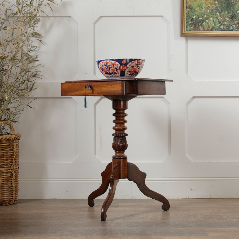 A Victorian mahogany pedestal table featuring a square top with a drawer, a central bobbin-turned stem, and a carved tripod base. View III