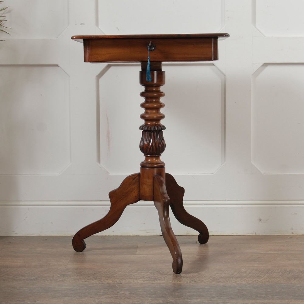 A Victorian mahogany pedestal table featuring a square top with a drawer, a central bobbin-turned stem, and a carved tripod base. View XI