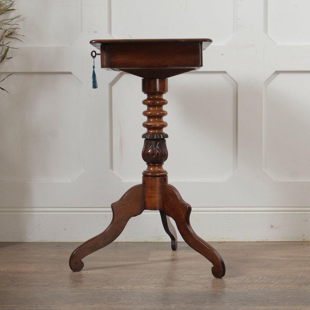 A Victorian mahogany pedestal table featuring a square top with a drawer, a central bobbin-turned stem, and a carved tripod base. View XII