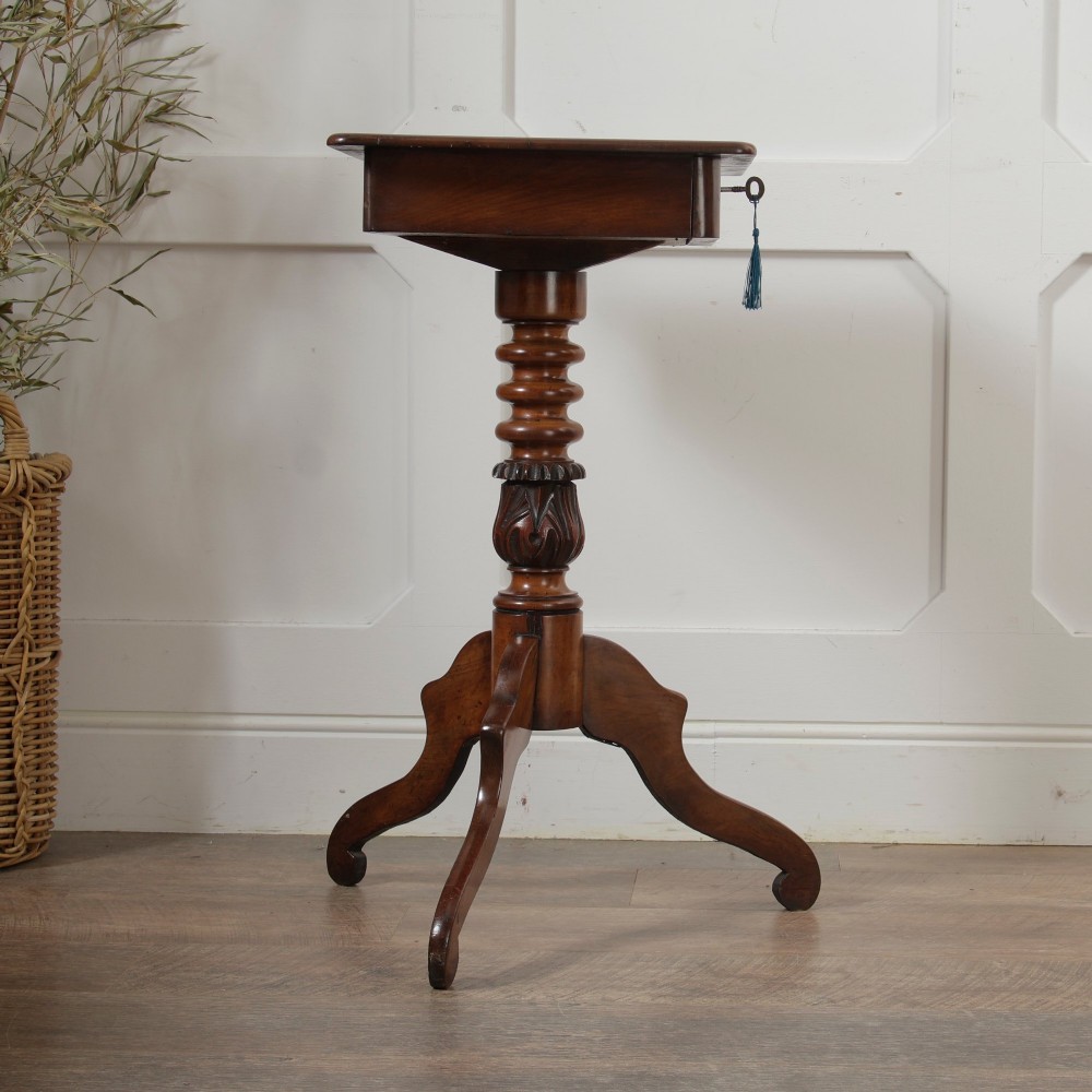 A Victorian mahogany pedestal table featuring a square top with a drawer, a central bobbin-turned stem, and a carved tripod base. View XIV